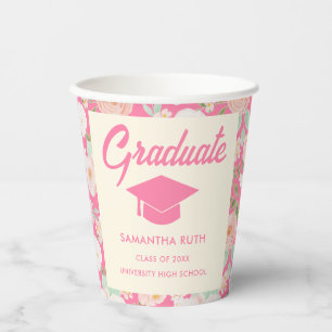 Modern Pink Ivory Floral Graduation Party Paper Cups