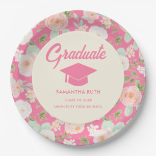 Modern Pink Ivory Floral Graduation Party Paper Plates