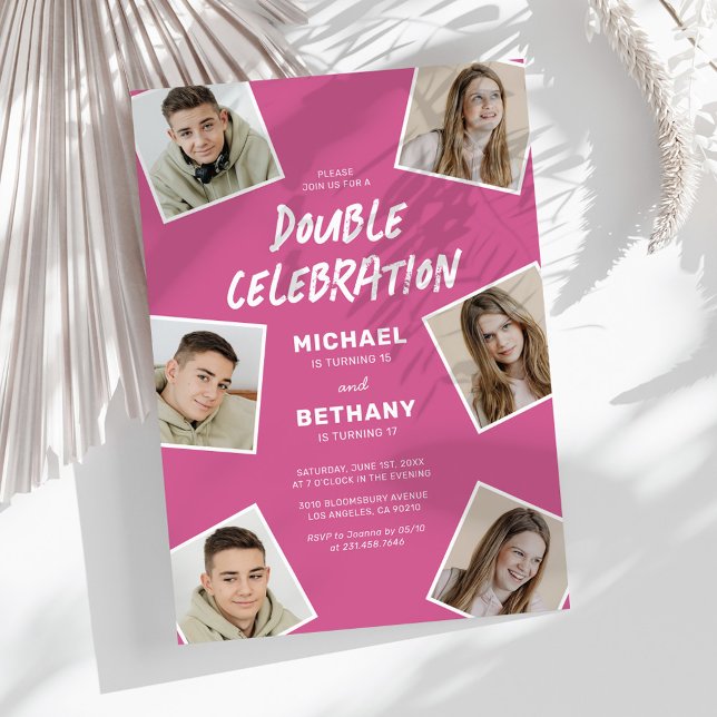 Modern Pink Joint Photo Birthday Party Invitation (Creator Uploaded)