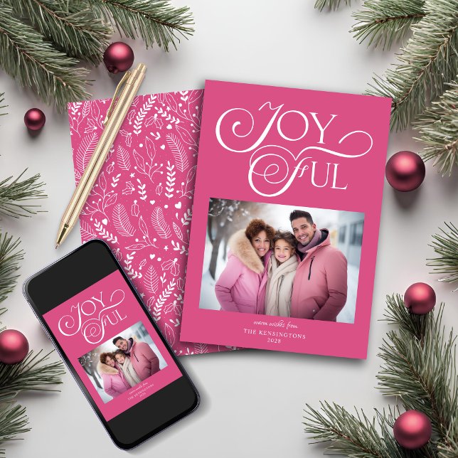 Modern Pink Joyful Holiday Photo (Modern Pink Joyful Holiday Photo Christmas Card)