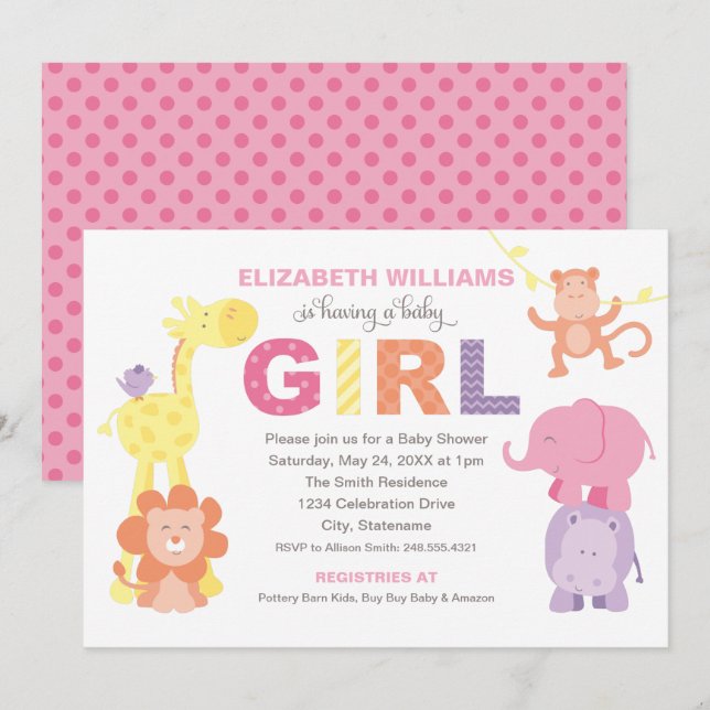Modern Pink Jungle Animals Girl Baby Shower Invitation (Front/Back)