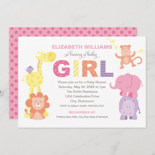 Modern Pink Jungle Animals Girl Baby Shower Invitation