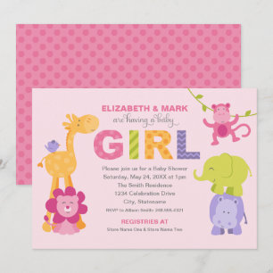 Modern Pink Jungle Animals Girl Baby Shower Invitation