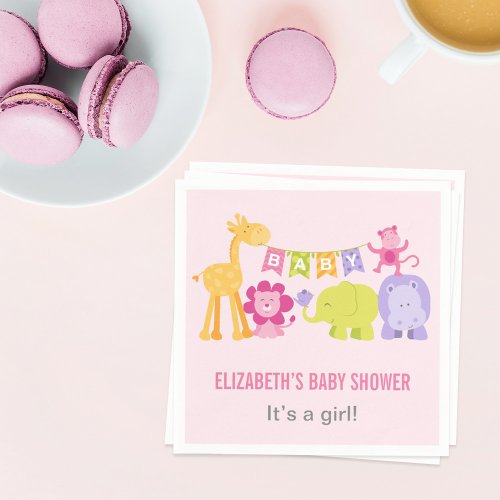 Modern Pink Jungle Animals Girl Baby Shower Napkins