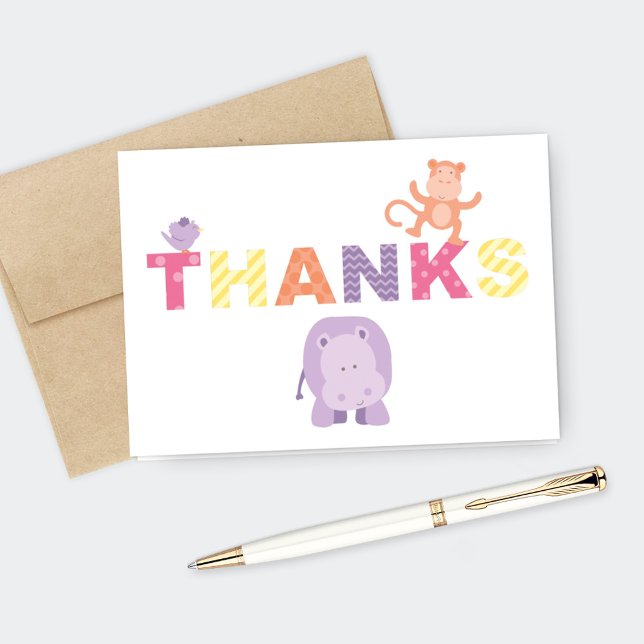Modern Pink Jungle Animals Girl Shower Thank You Card (Creator Uploaded)