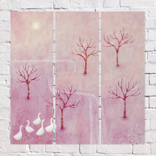 Modern Pink Landscape Geese Orchard Triptych (Geese in the Orchard modern contemporary triptych painting)