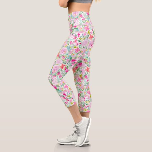 Modern pink lavender floral watercolor pattern capri leggings