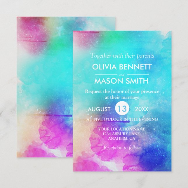 Modern Pink Leaf Watercolor Wedding Invitation (Front/Back)