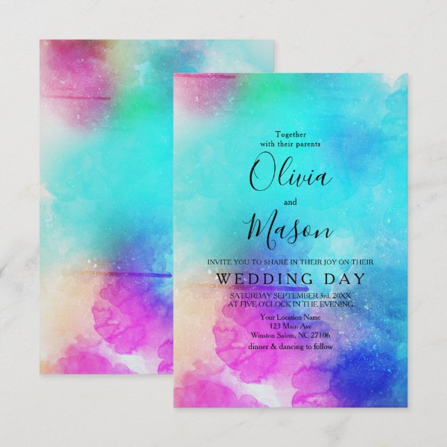 Modern Pink Leaf Watercolor Wedding Invitation (Front/Back)