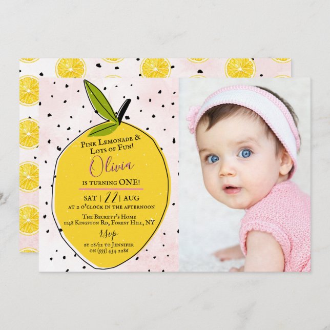 Modern Pink Lemonade 1st Birthday Photo Invitation (Front/Back)