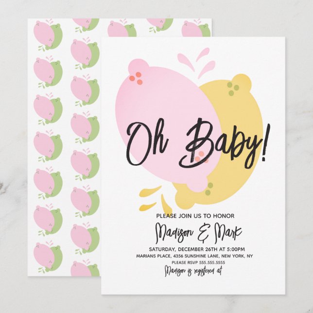 Modern Pink Lemonade Lemon Lime Baby Shower Invita Invitation (Front/Back)