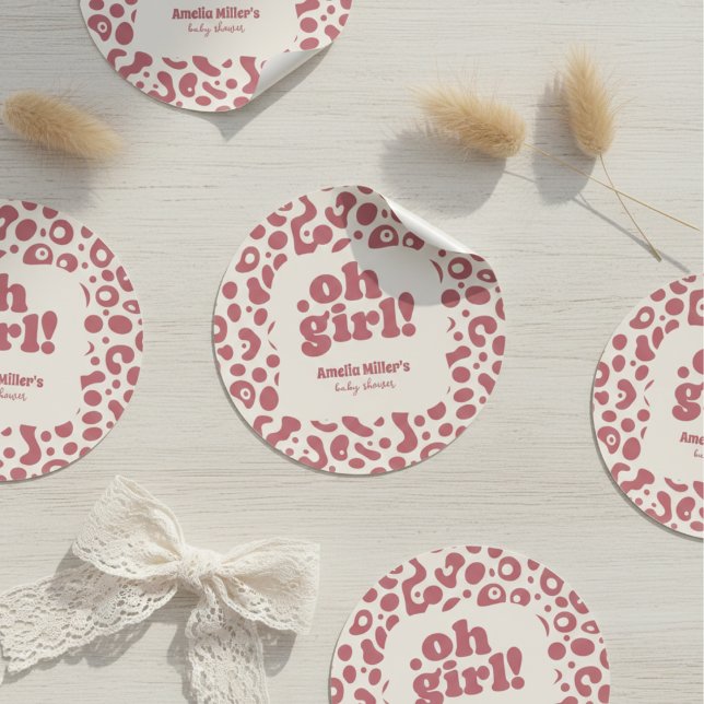 Modern Pink Leopard Oh Girl! Baby Shower Classic Round Sticker (Creator Uploaded)