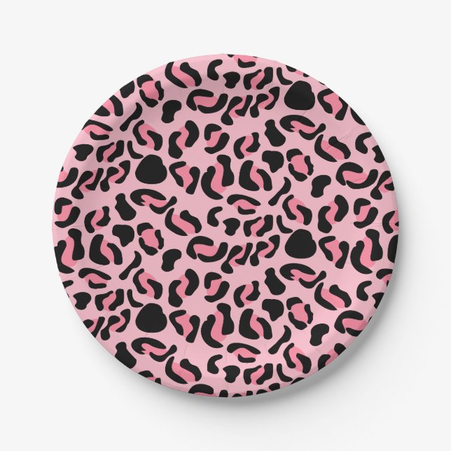 Modern Pink Leopard Pattern Animal Paper Plates (Front)