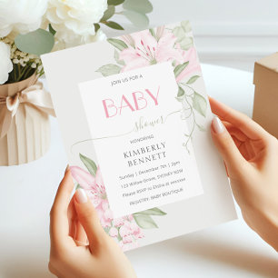 Modern Pink Lily Green Leaves Baby Shower Invitation