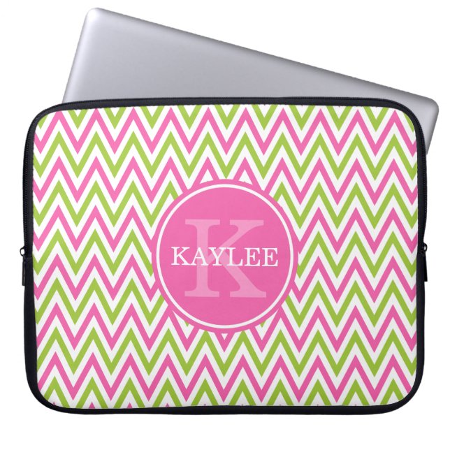 Modern Pink Lime Green Chevron & Monogram Laptop Sleeve (Front)