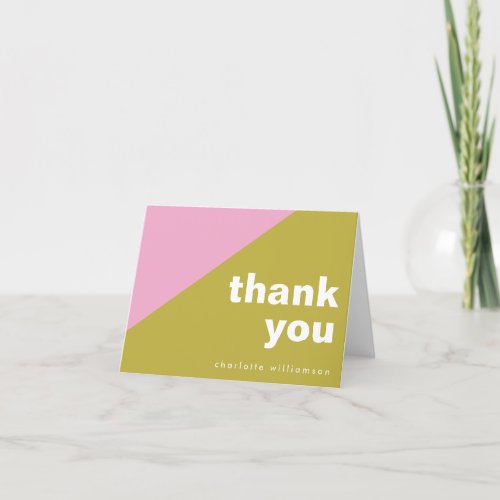 Modern Pink Lime Green Color Block Custom Name Thank You Card