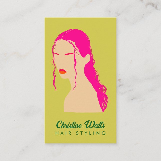 Modern Pink Lime Green Hair Styling Flat Design QR Business Card (Front)
