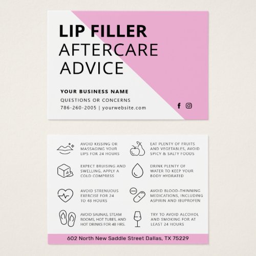 Modern Pink Lip Filler Aftercare Instructions Card