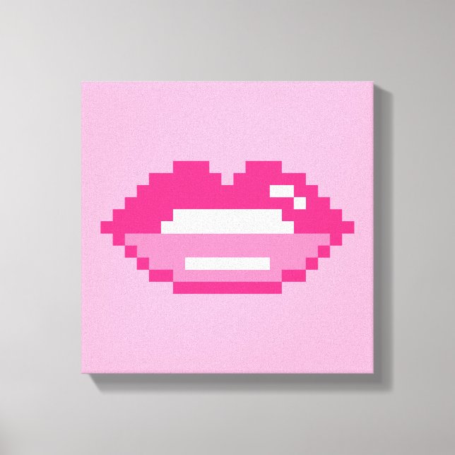 Modern pink lips kiss pixel art canvas print (Front)