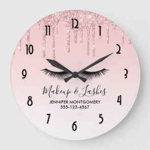 Modern Pink Liquid Glitter & Eyelashes Large Clock