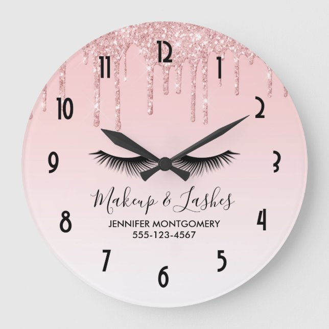 Modern Pink Liquid Glitter & Eyelashes Large Clock (Front)