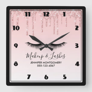 Modern Pink Liquid Glitter & Eyelashes Square Wall Clock