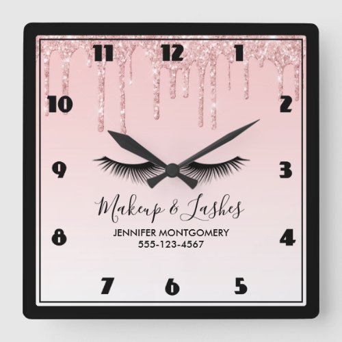 Modern Pink Liquid Glitter  Eyelashes Square Wall Clock