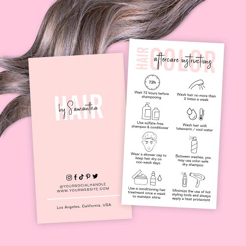 Modern Pink Logo Hair Color Aftercare Instructions Business Card