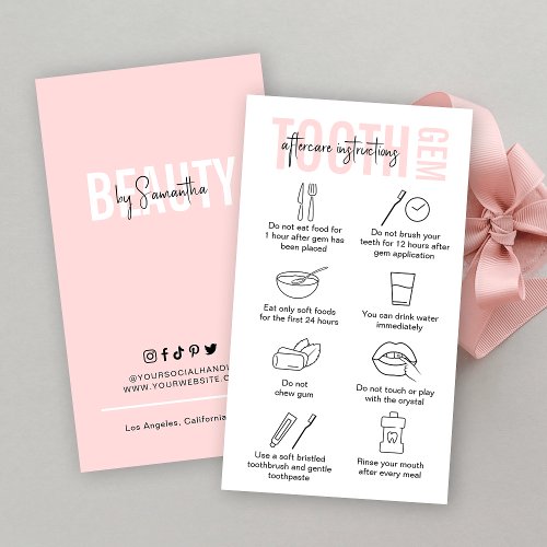 Modern Pink Logo Tooth Gem Aftercare Instructions Business Card