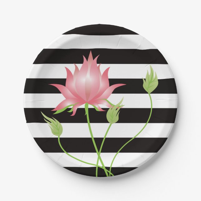 Modern Pink Lotus Floral Stripes Paper Plates (Front)