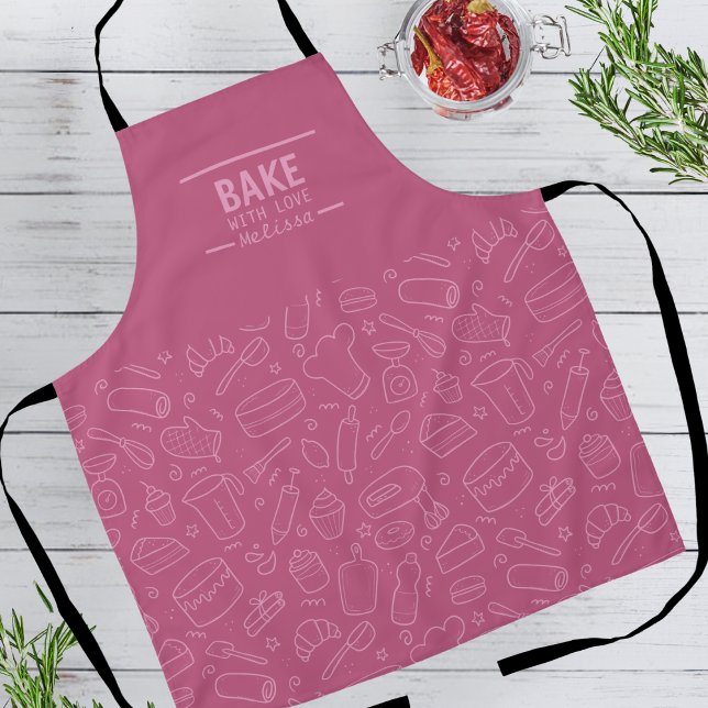 Modern Pink Magenta Baking Tools Line Pattern Apron (Creator Uploaded)