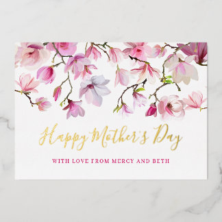 Modern Pink Magnolia Floral Happy Mothers Day Foil Invitation