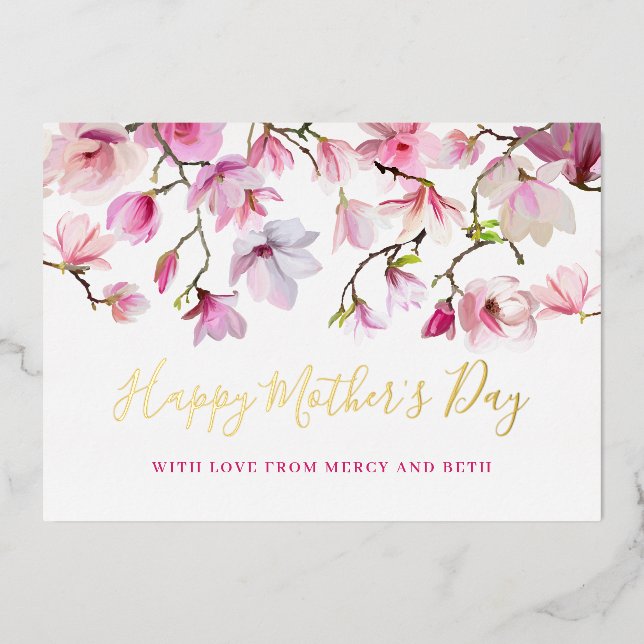 Modern Pink Magnolia Floral Happy Mothers Day Foil Invitation (Front)