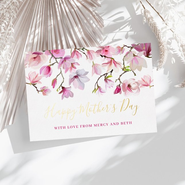 Modern Pink Magnolia Floral Happy Mothers Day Foil Invitation (Creator Uploaded)