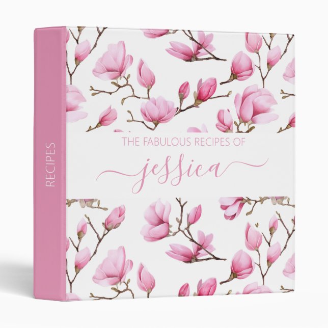 Modern pink magnolia script name Recipe 3 Ring Binder (Front/Spine)