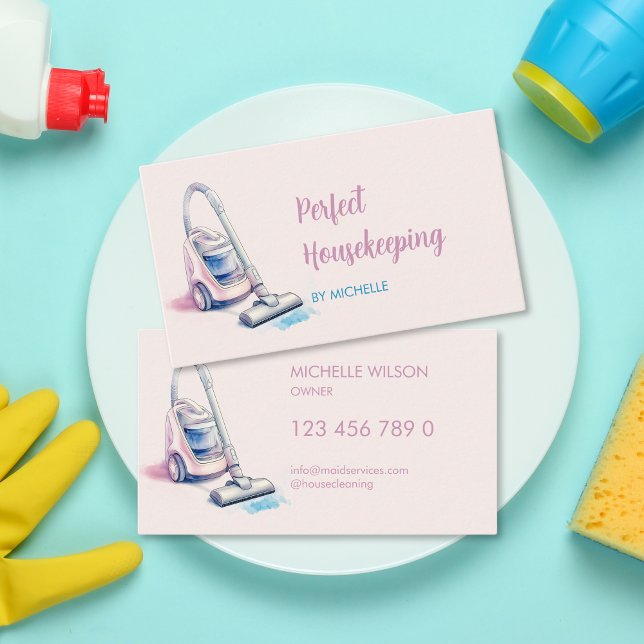 Modern Pink Maid Cleaning Housekeeping Services Business Card (Creator Uploaded)