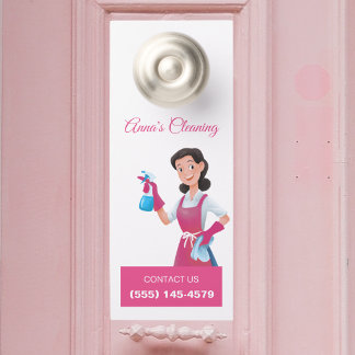 Modern Pink Maid House Cleaning Service Door Hanger