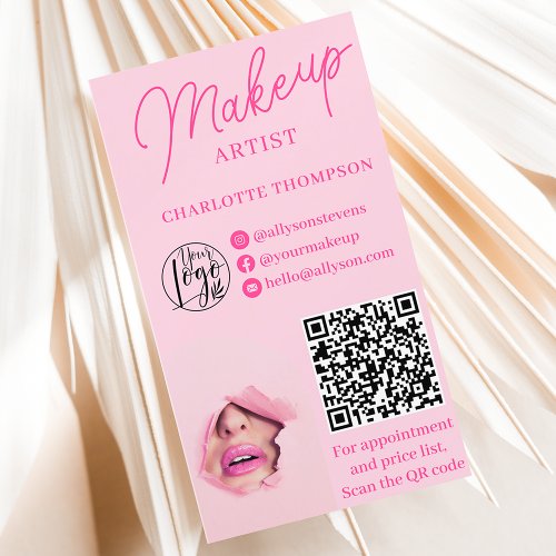 Modern pink makeup logo Qr code 2 photos Business Card