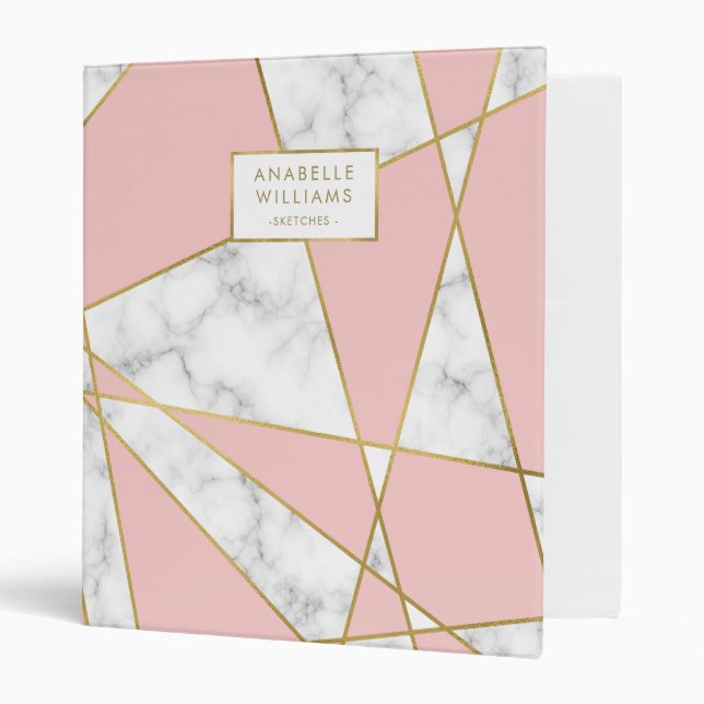 Modern Pink Marble and Gold Geometric Design 3 Ring Binder (Front/Inside)