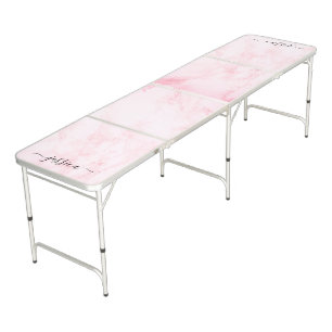 Modern pink marble black script name beer pong t table