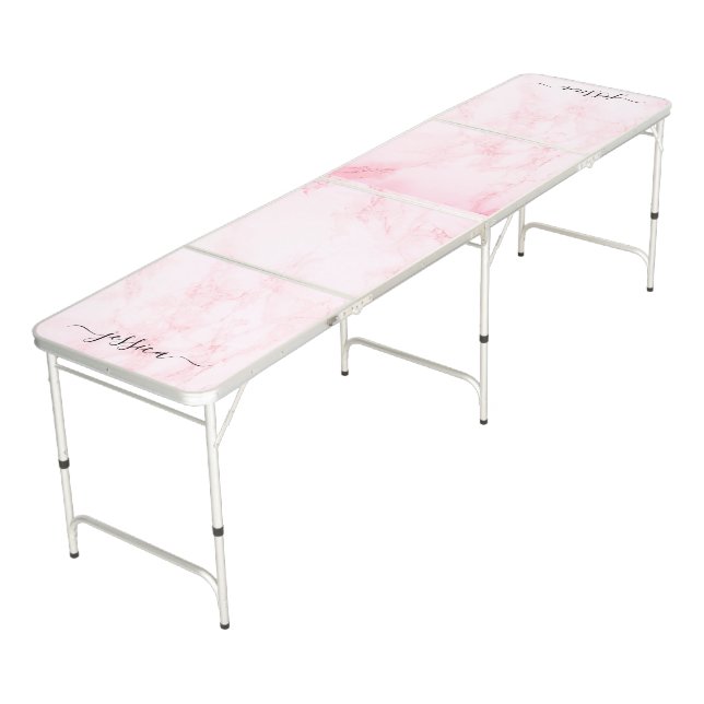 Modern pink marble black script name beer pong t table (Angled)