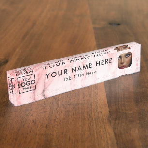 Modern Pink Marble Business Logo Photo Beauty  Desk Name Plate