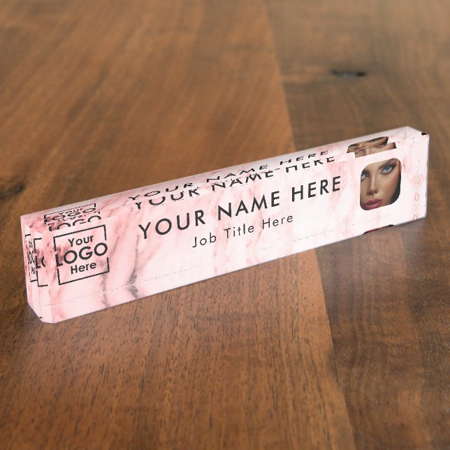 Modern Pink Marble Business Logo Photo Beauty  Desk Name Plate (Side)