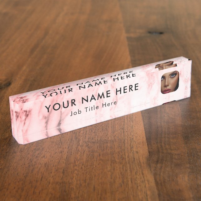 Modern Pink Marble Business Photo Beauty Executive Desk Name Plate (Side)