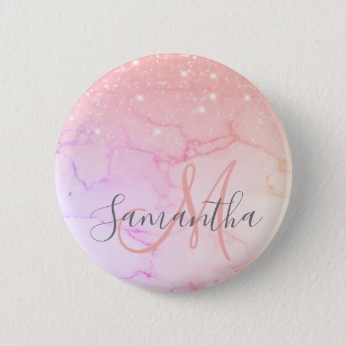 Modern Pink Marble  Glitter Sparkles  Name Button