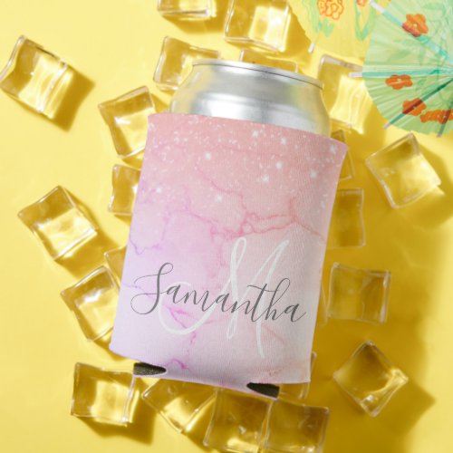 Modern Pink Marble  Glitter Sparkles  Name Can Cooler