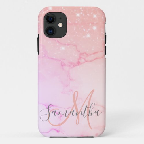 Modern Pink Marble  Glitter Sparkles  Name iPhone 11 Case