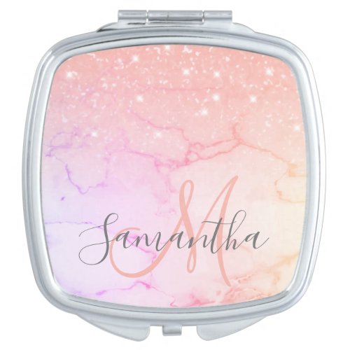 Modern Pink Marble  Glitter Sparkles  Name Compact Mirror