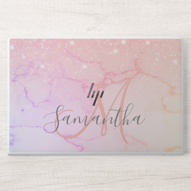 Modern Pink Marble & Glitter Sparkles  Name HP Laptop Skin (Front)