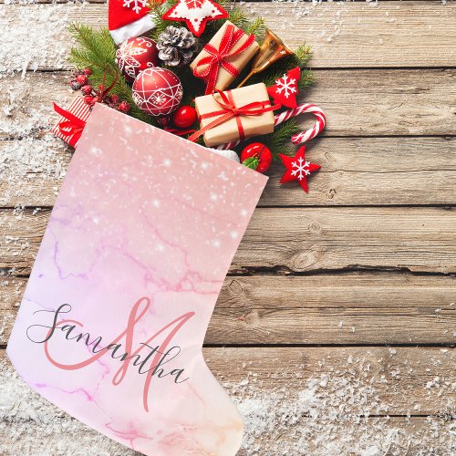 Modern Pink Marble  Glitter Sparkles  Name Large Christmas Stocking